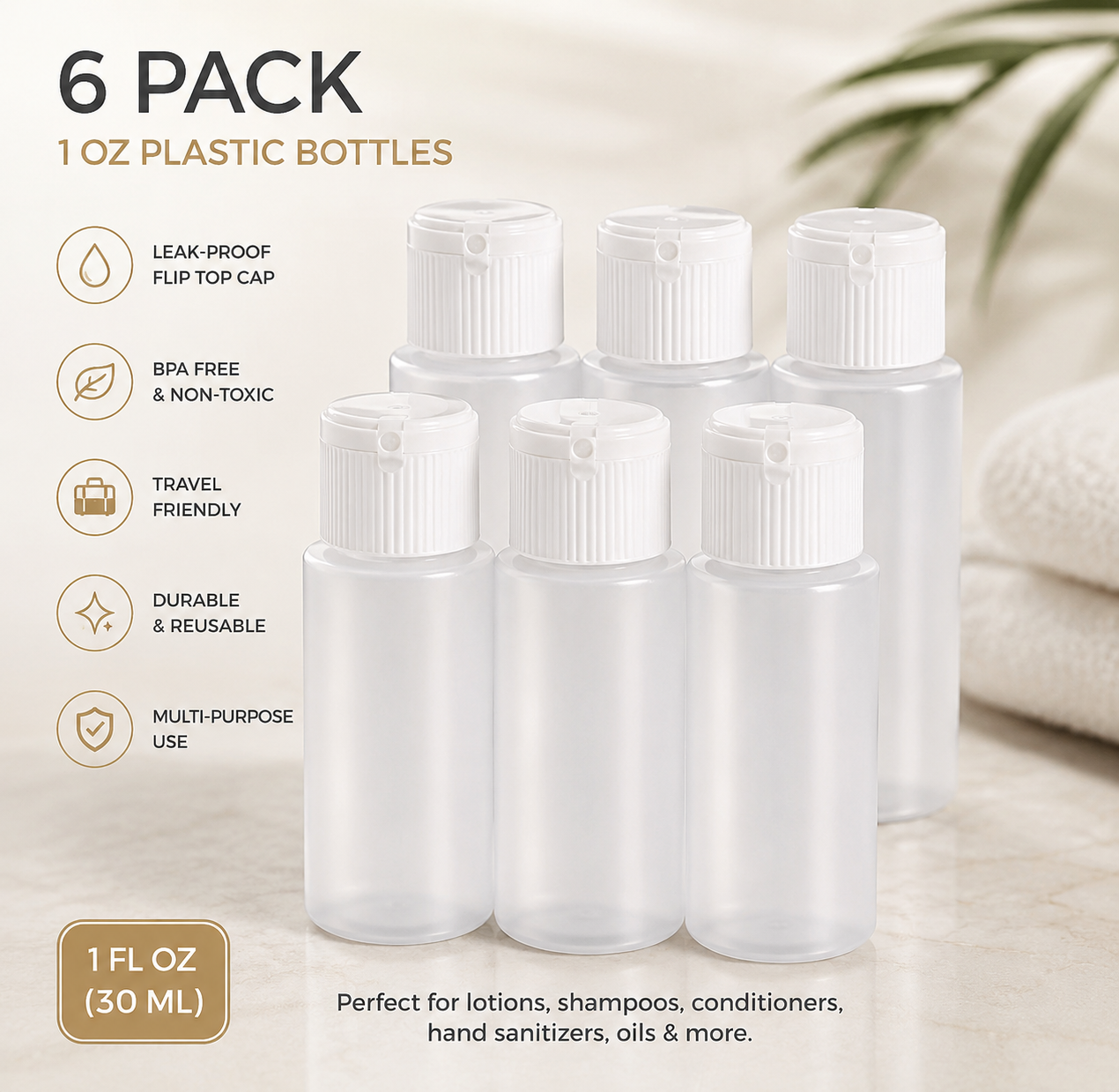1 Oz Premium Refillable Mini Plastic Bottles With Airtight Caps BPA-Free.