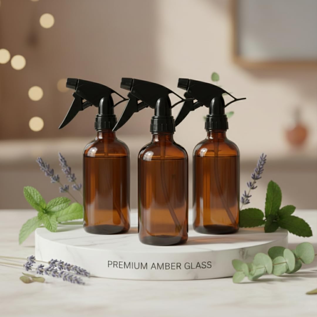 Amber Glass Spray Bottles 16 oz Reusable Mist Sprayer