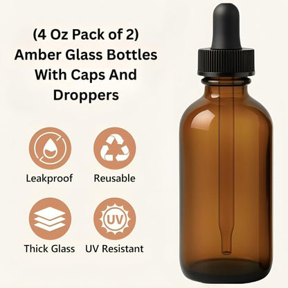 Amber Glass Dropper Bottles 4 oz for Essential Oils