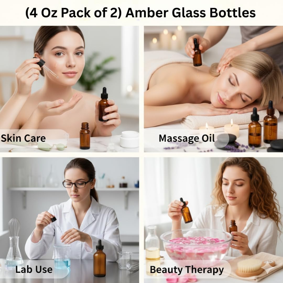 Amber Glass Dropper Bottles 4 oz for Essential Oils